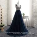 A-Line V-Neck Beading Crystal Long Formal Gown Navy Blue Prom Dress CWFP2437